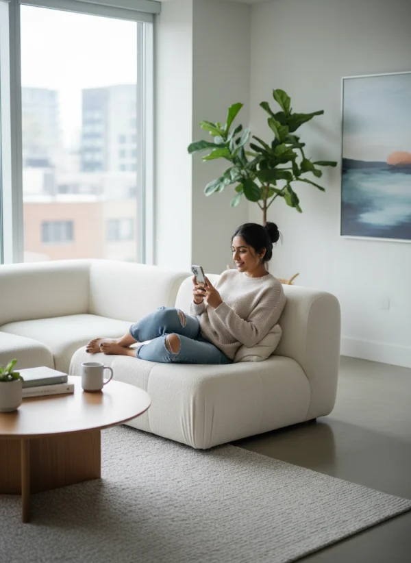 Young Indian woman sitting on sofa using... 1