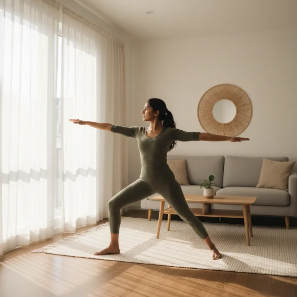 Indian woman doing yoga in bright living... 1