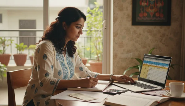 Indian woman calculating monthly budget... 1