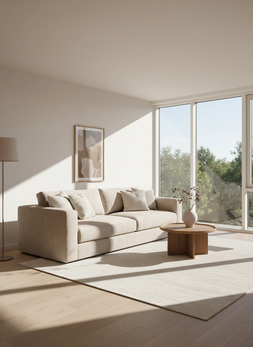 Minimal living room with beige sofa and... 1