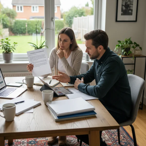 Couple discussing insurance plan at home... 1