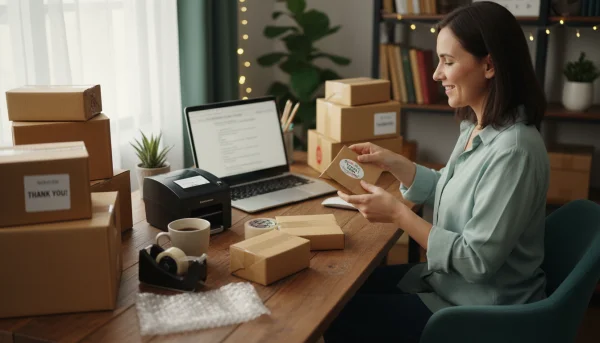 Small business shipping orders at desk 1