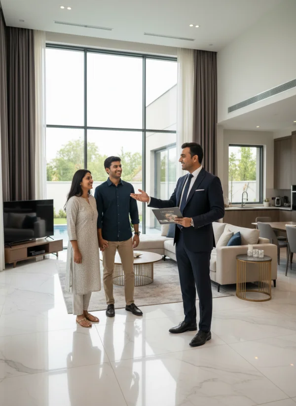 Indian real estate agent showing house t... 1