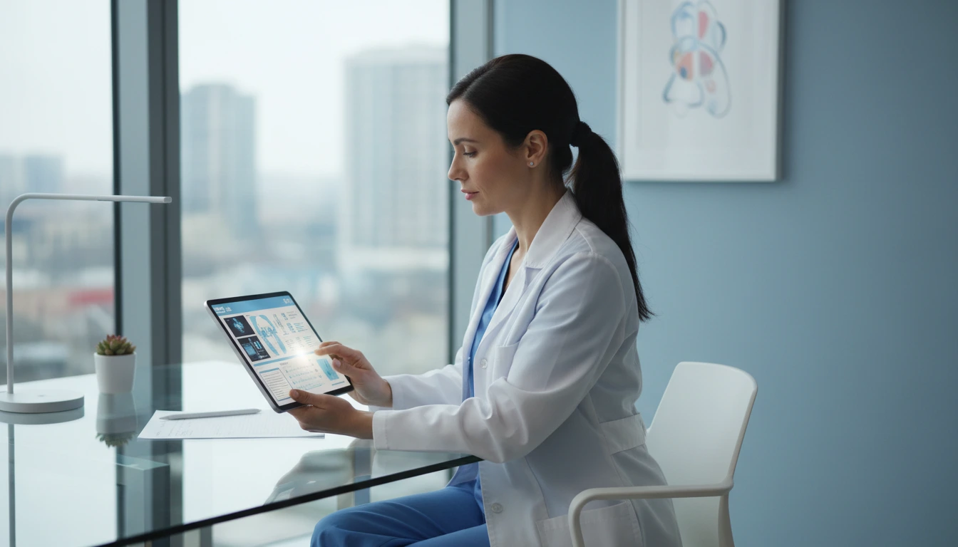 A medical professional reviewing digital... 1