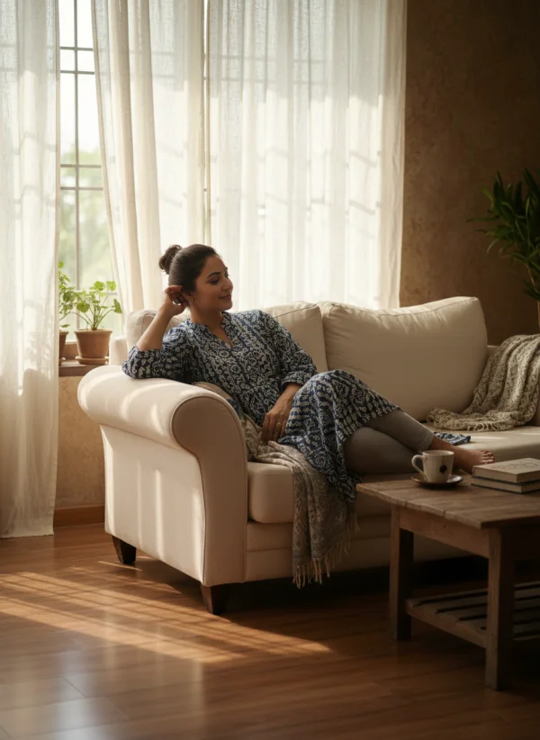 An Indian woman sitting comfortably on a... 1