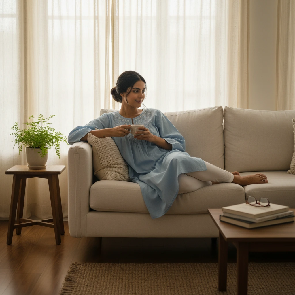 An Indian woman sitting comfortably on a... 1