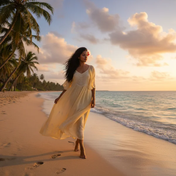 An Indian woman wearing light summer dre... 1