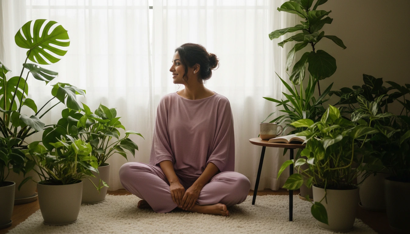 An Indian woman sitting near indoor plan... 1