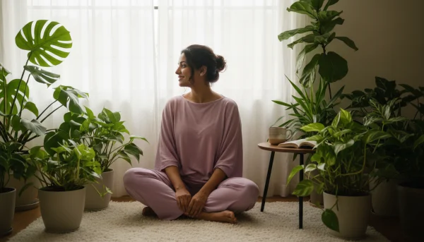 An Indian woman sitting near indoor plan... 1