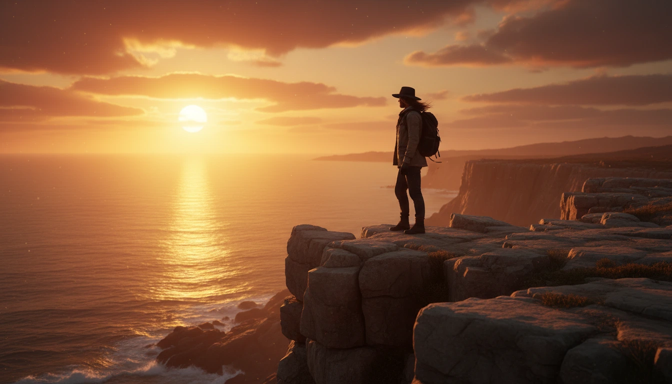 A traveler standing on cliff overlooking... 1