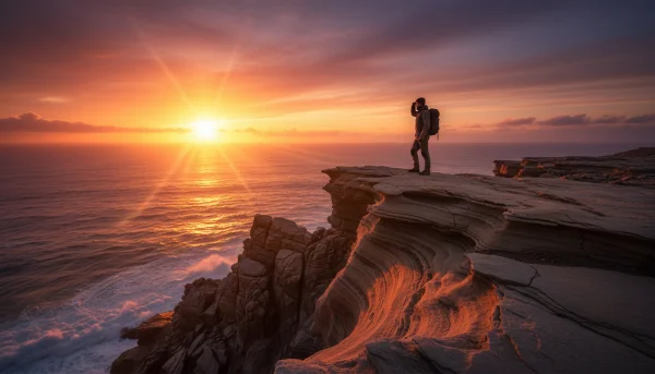 A traveler standing on cliff overlooking... 1