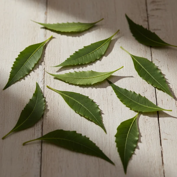 Neem leaves arranged naturally on light... 1