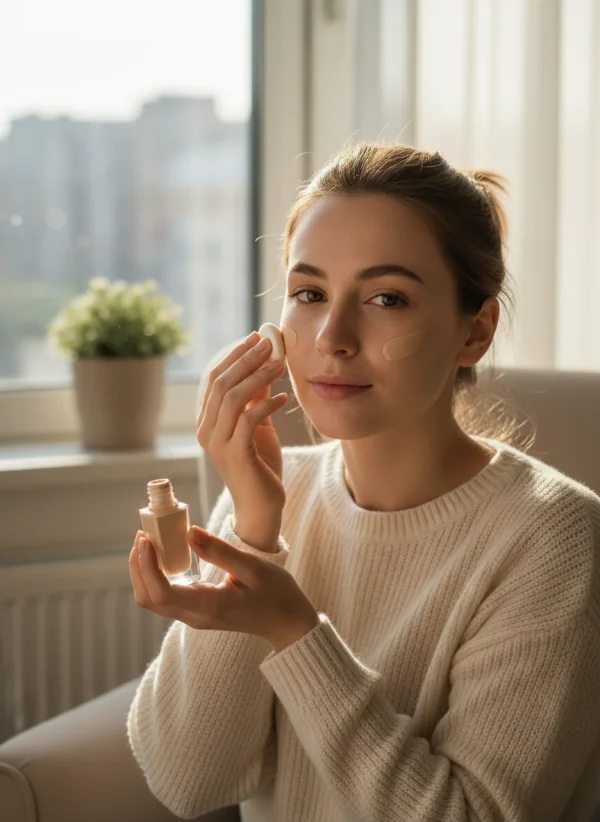 A young woman applying light foundation... 1