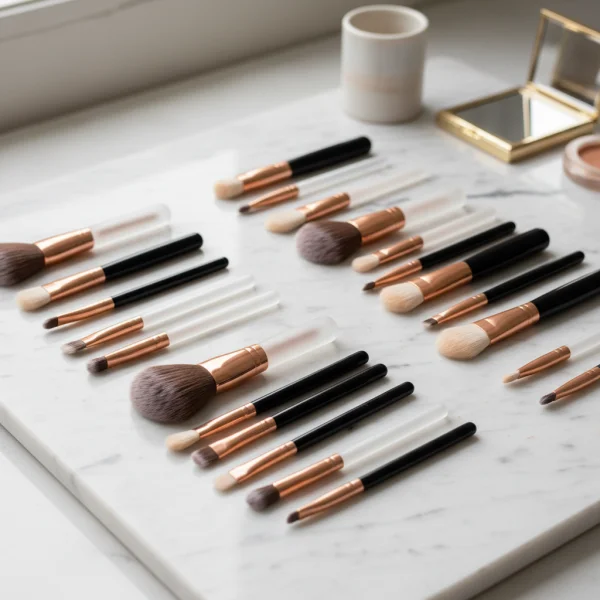 Makeup brushes arranged neatly on white... 1