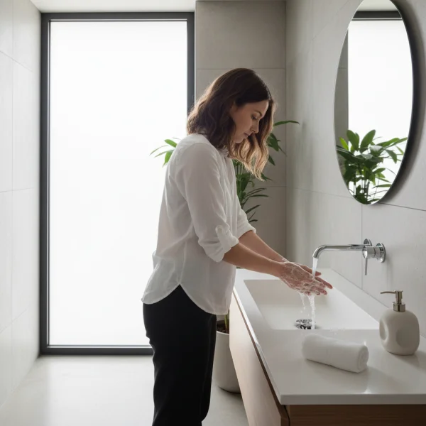 A young woman washing her hands under ru... 1