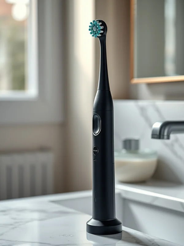 Macro photography of a sleek, matte black electric toothbrush standing on a marb