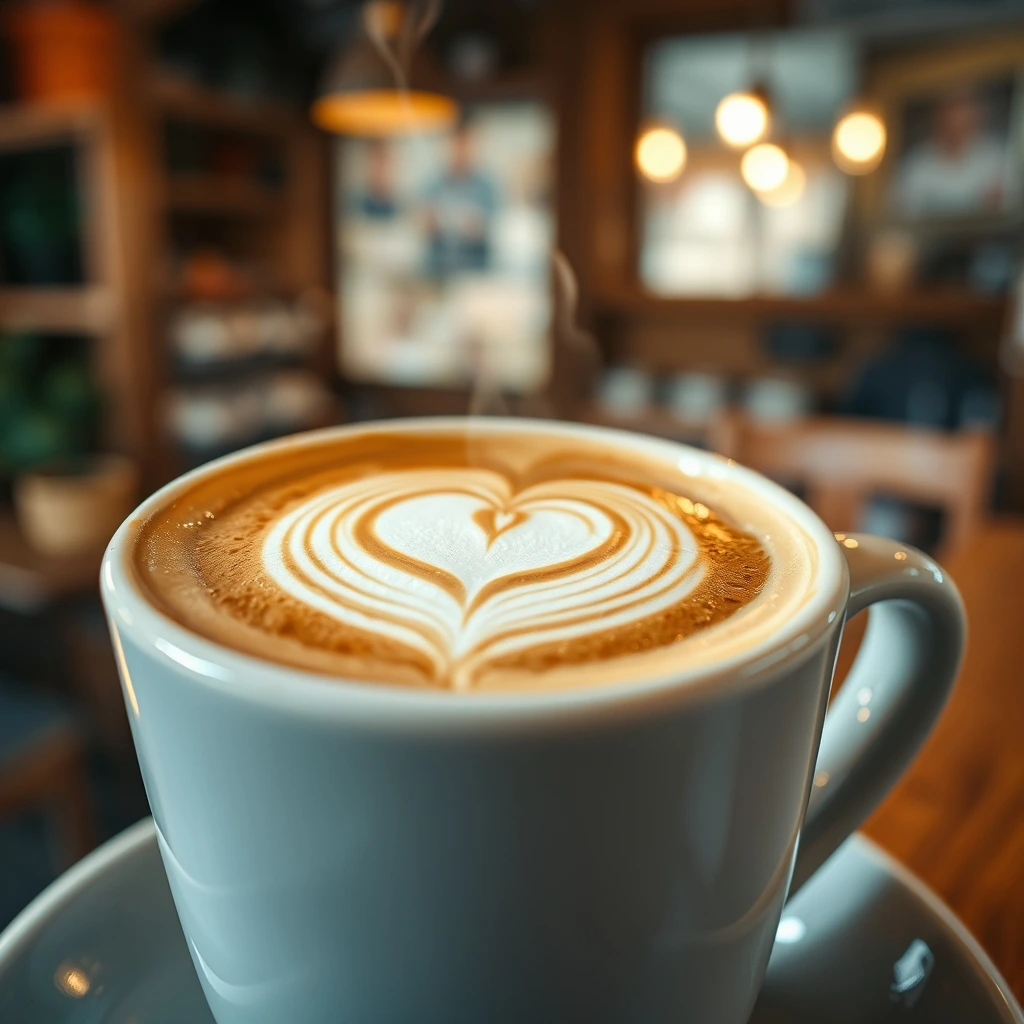 Close-up of a ceramic cup of latte with intricate heart-shaped foam art. Steam r