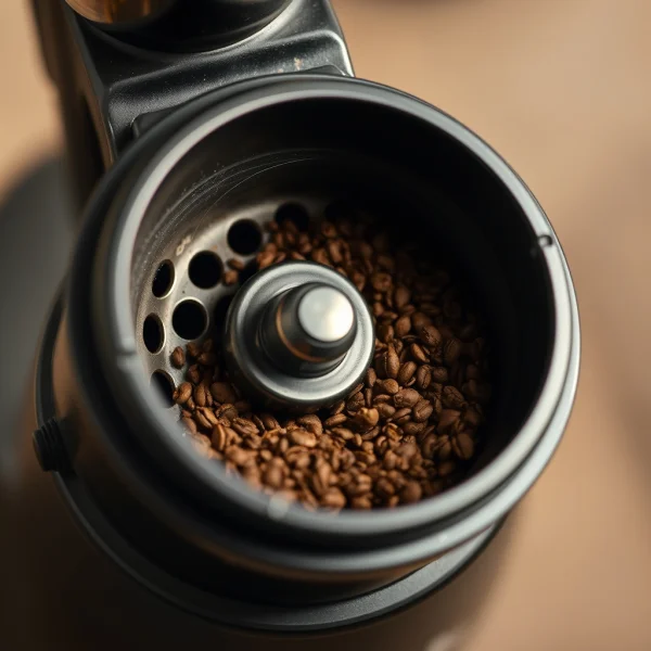 A conical burr coffee grinder (black metal). Coffee grounds visible in the catch