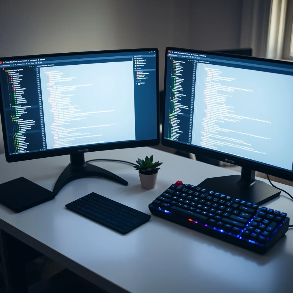 Close-up high-angle shot of a clean developer desk, dual curved monitors display