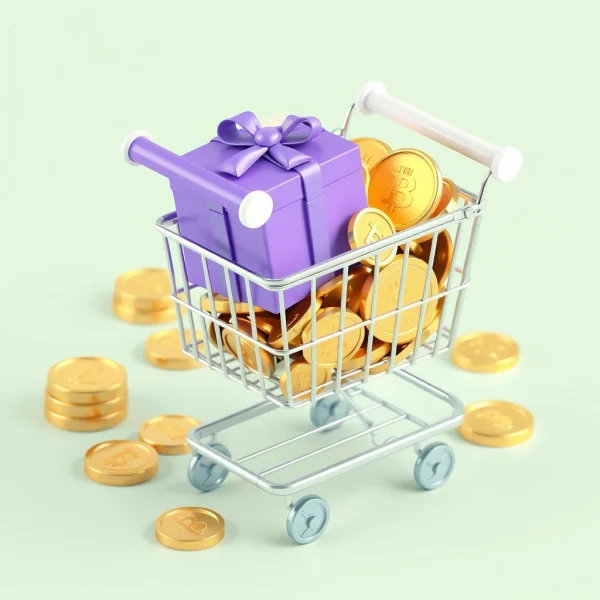 A stylized 3D render of a glossy white shopping cart overflowing with premium-te