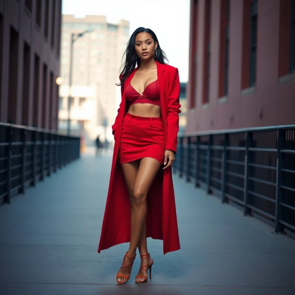 "Global model in bold red monochromatic outfit — mini skirt, bralette, long coat