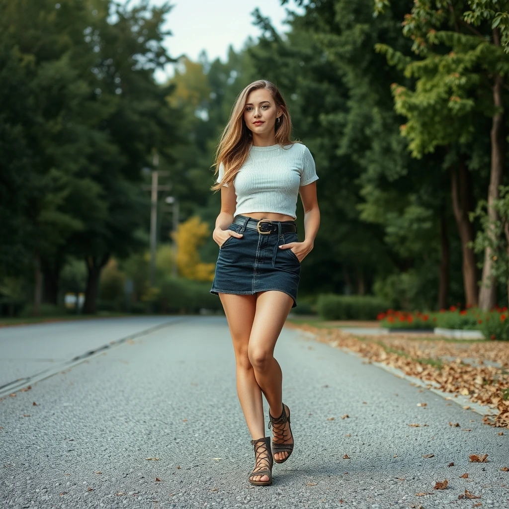 Women in mini skirt show big waist back