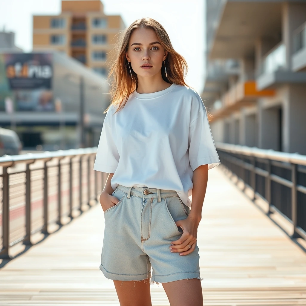 Beautiful young woman model wearing oversized white t-shirt and high-waisted den