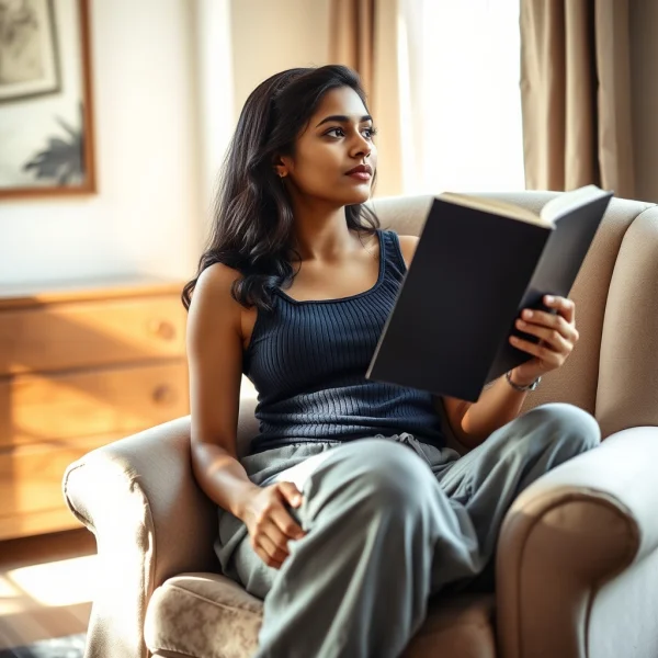 A candid-style lifestyle shot of a young Indian woman sitting comfortably in a p