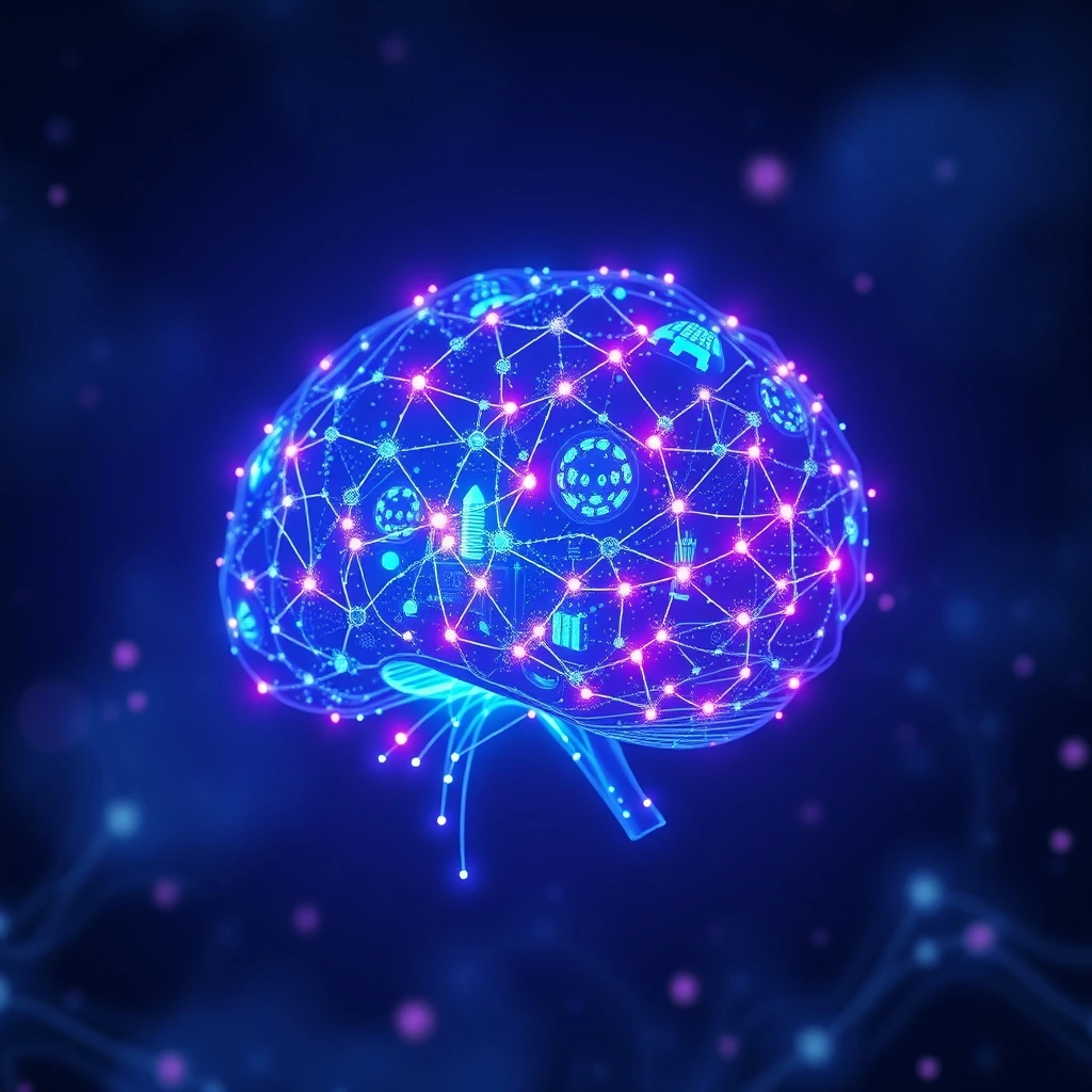 Futuristic artificial intelligence brain made of glowing neural nodes and connec