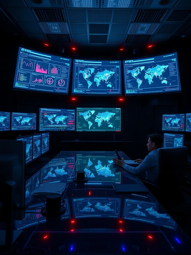 Ultra realistic cybersecurity operations center, multiple curved monitors displa