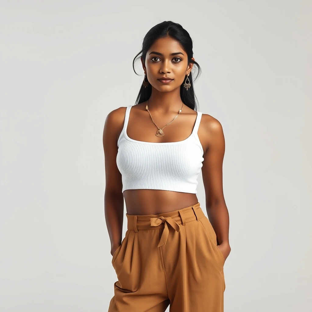 Photorealistic Kerala Indian woman, 24 years old, wearing a ribbed white crop to