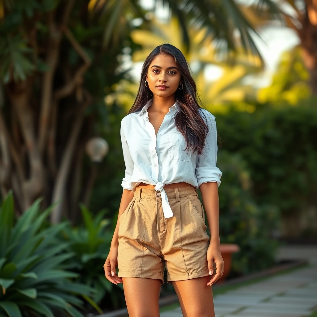 Photorealistic Kerala woman model, 24 years old, wearing high-waisted khaki shor