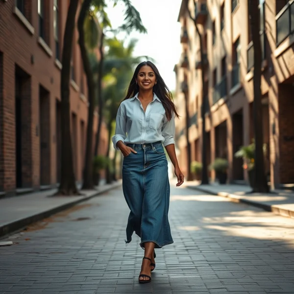 "A hyper-realistic photograph of a woman in her late 20s walking confidently dow
