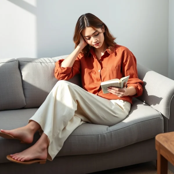 Linen Classic: A serene natural light portrait of the woman from image_1.png on
