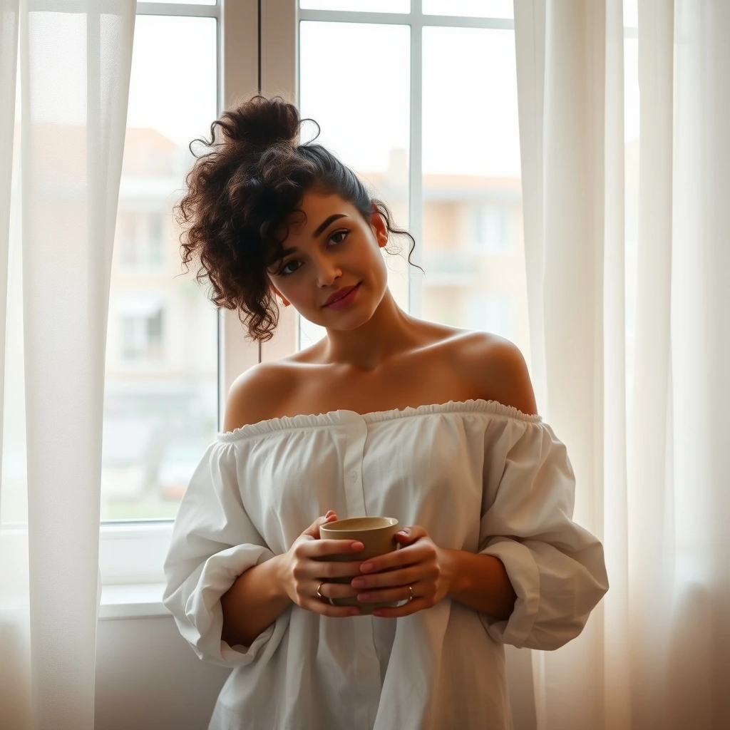A woman with curly hair in a messy bun, wearing an oversized off-the-sho