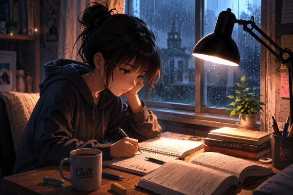 Cozy Anime Girl Studying on a Rainy Night | Aesthetic 4K Anime Wallpaper