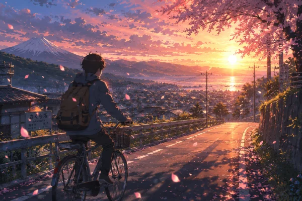 Anime Boy Cycling Through Japanese Countryside Sunset | Scenic Anime Wallpaper 4K