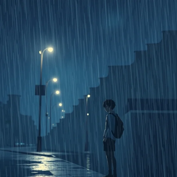 Lonely anime boy standing in rain under streetlight, emotional cinematic mood