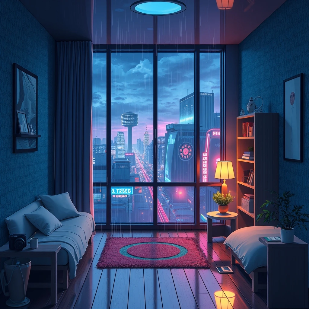 Lo-fi anime room with rain outside, neon city view, cozy aesthetic wallpaper