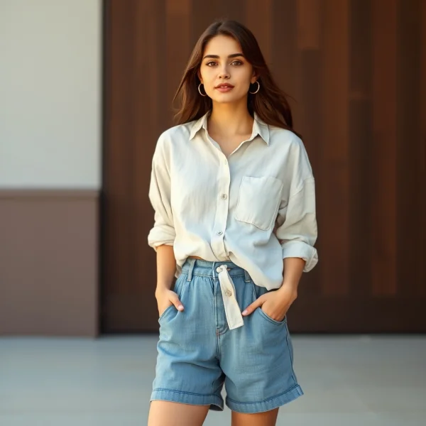Young woman wearing high-waisted shorts and oversized linen shirt, summer lifest