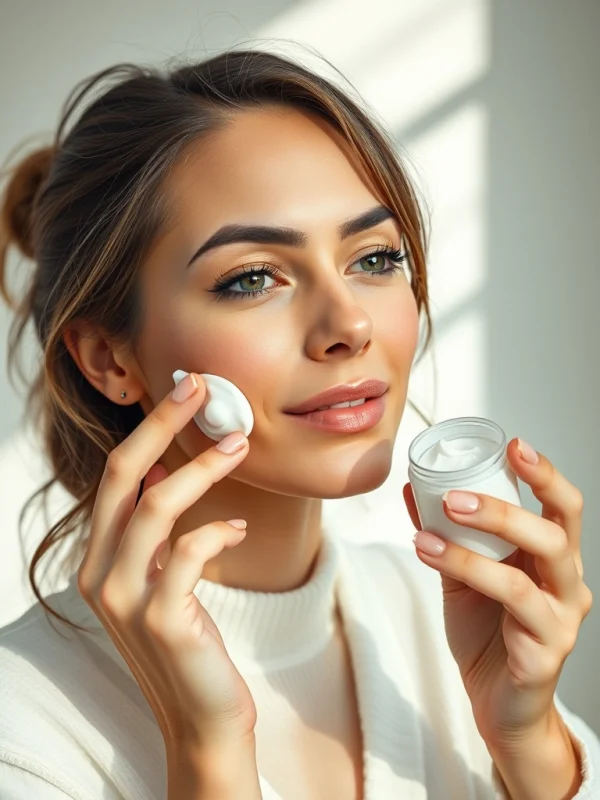 Beautiful woman applying moisturizer cream to her face, natural morning skincare