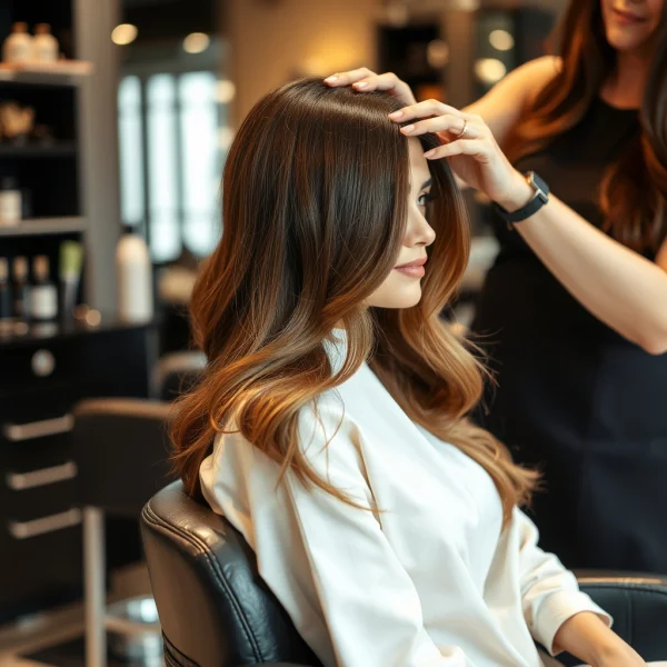 Woman sitting in salon chair getting hair styled by professional stylist, shiny