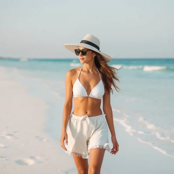 Fashion model wearing a stylish pastel white bikini set, walking along a pristin