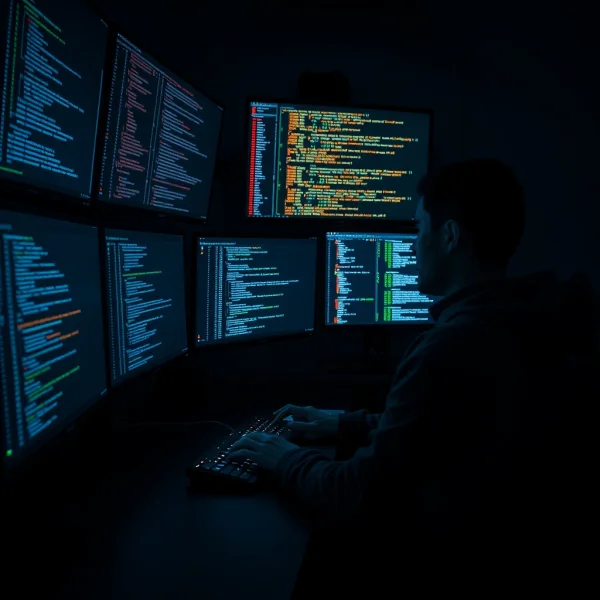A programmer is coding on multiple monitors in a dark room illuminated by glowin