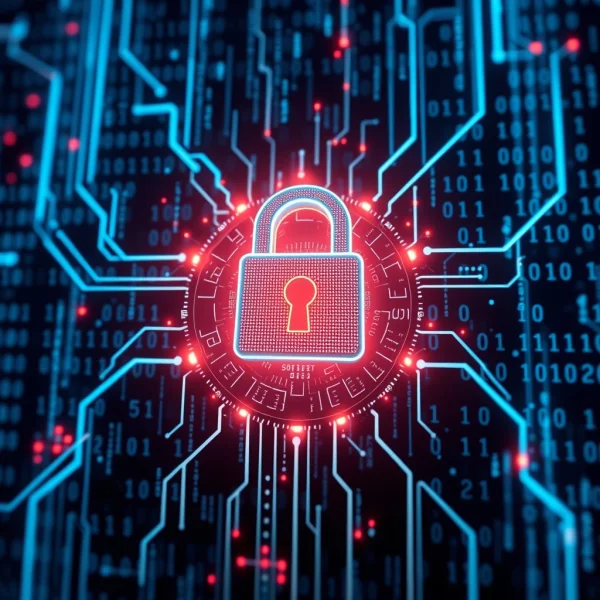 A cybersecurity concept is shown with a glowing digital lock surrounded by data