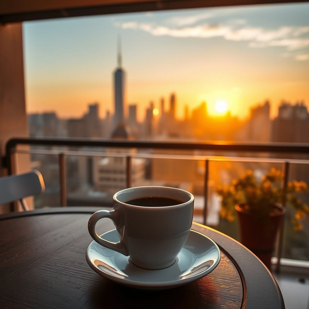 A cup of coffee is placed on a balcony table while a city skyline is visible dur