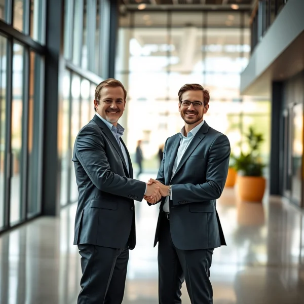 Two Colleagues Shaking Hands in Corporate Office Lobby