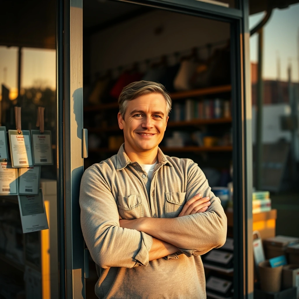Confident Small Business Owner Standing in Shop Doorway