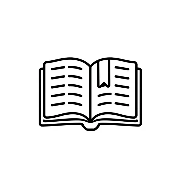 Simple icon of an open book with bookmark, clean line-art