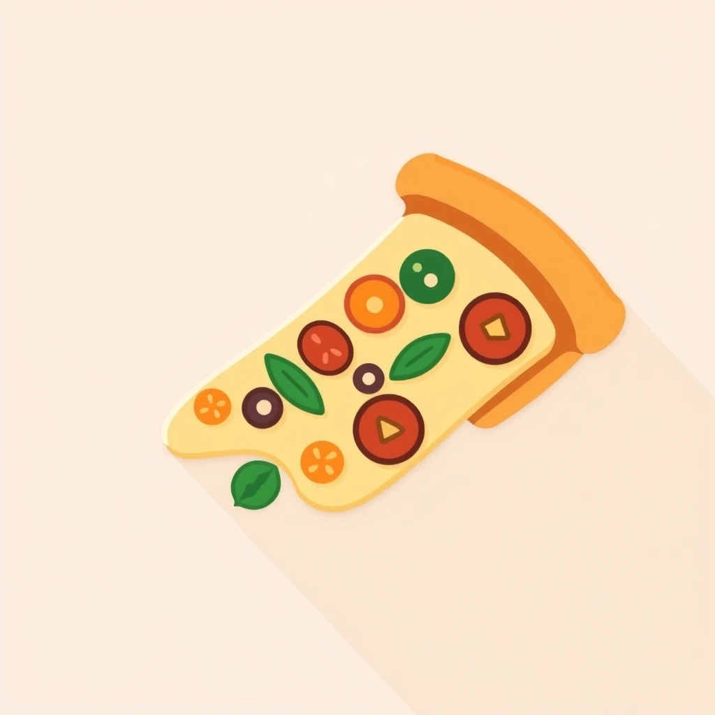Flat icon of a pizza slice with toppings, colorful vector style